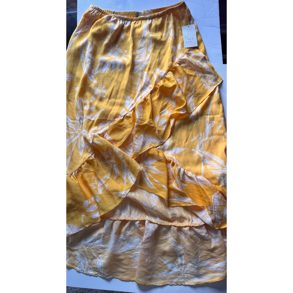 A New Day Womens Yellow White Floral Ruffle High Low Midi Skirt Small